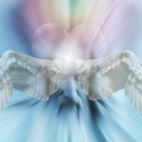 A white angel with wings spread out and a light blue background