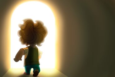A toy doll is standing in front of the light.