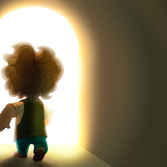A toy doll is standing in front of the light.