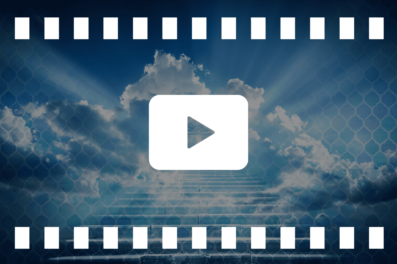 A video play button with stairs leading to the sky.