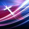 A cross is shown on the side of a red and blue background.