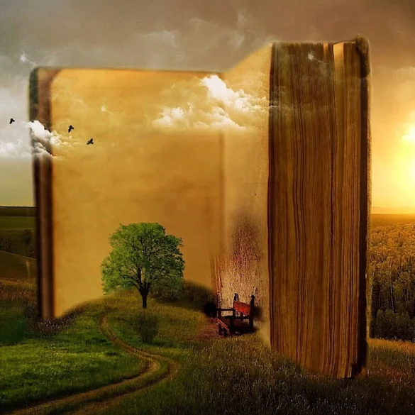 A book with an open cover and a tree in the middle.